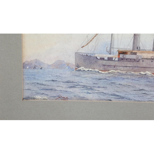 320 - First War Period watercolour, HMS Rose, signed with monogram AWD with indistinct date, 22cm x 35cm, ... 