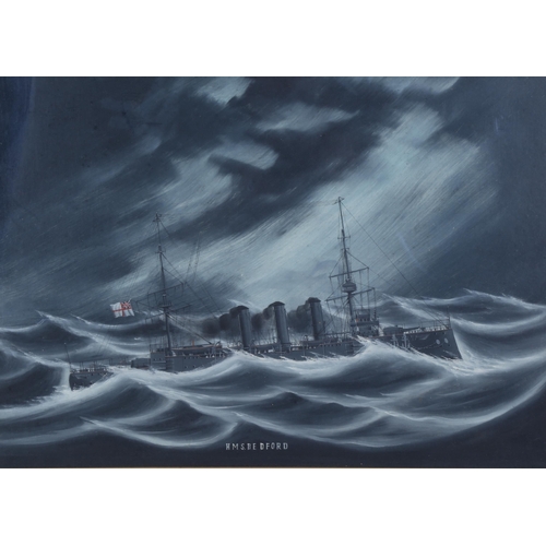 321 - First War Period watercolour, HMS Bedford on stormy seas by moonlight, unsigned, 40cm x 54cm, framed