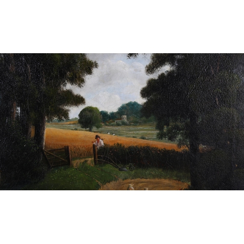 324 - 20th century oil on canvas, figures on a country lane, unsigned, 90cm x 70cm, framed