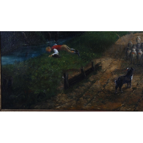 324 - 20th century oil on canvas, figures on a country lane, unsigned, 90cm x 70cm, framed