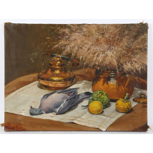 326 - Mid-20th century French School, oil on canvas, the kitchen table, indistinctly signed, 50cm x 66cm, ... 