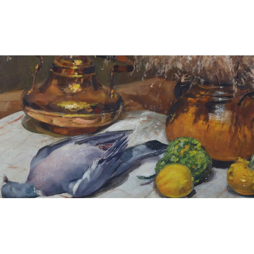 326 - Mid-20th century French School, oil on canvas, the kitchen table, indistinctly signed, 50cm x 66cm, ... 