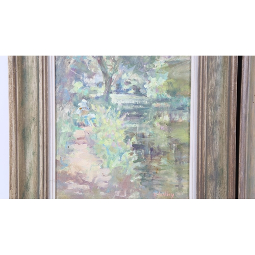 330 - Virginia Ridley, pair of oils on board, rural scenes, signed, 25cm x 20cm, framed