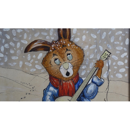 333 - Early 20th century British School, gouache/ink on card, rabbit playing a banjo, unsigned, 60cm x 37c... 