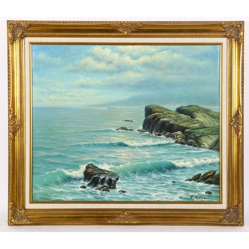 336 - E Rose, oil on canvas, shore scene, signed, 51cm x 60cm, framed