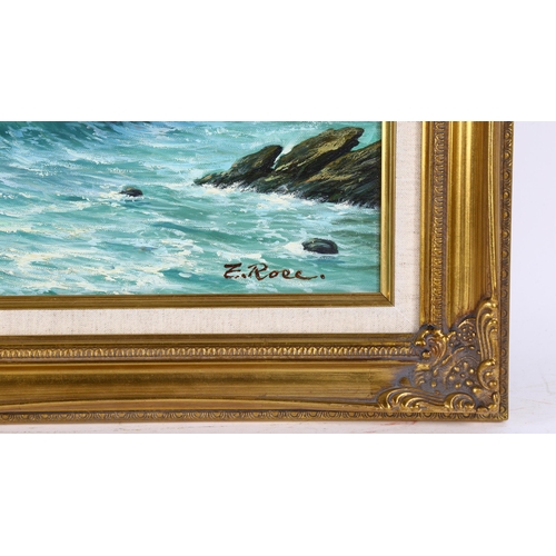 336 - E Rose, oil on canvas, shore scene, signed, 51cm x 60cm, framed