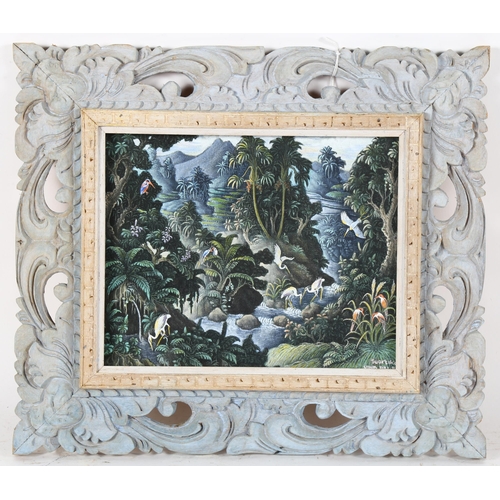 340 - Balinese School, oil on canvas, forest scene, signed, 18cm x 23cm, carved frame