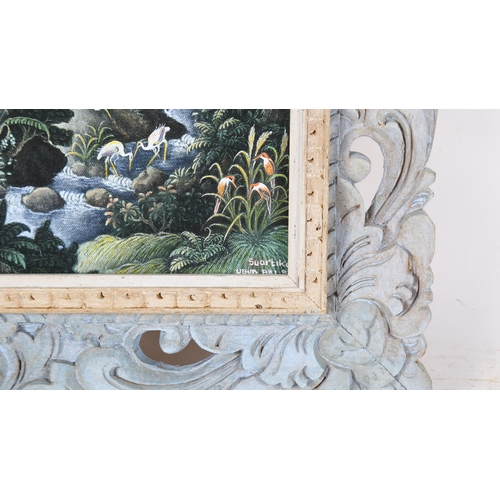 340 - Balinese School, oil on canvas, forest scene, signed, 18cm x 23cm, carved frame