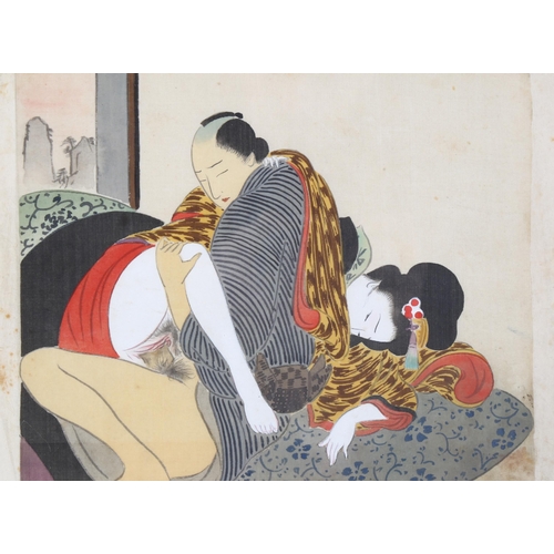 342 - Early 20th century Chinese watercolour on silk, erotic study, 21cm x 26cm, framed