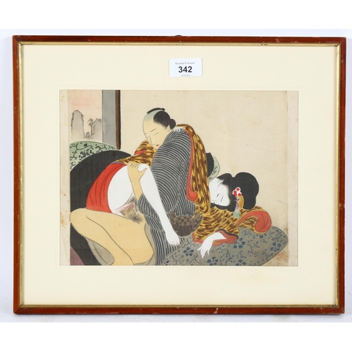 342 - Early 20th century Chinese watercolour on silk, erotic study, 21cm x 26cm, framed