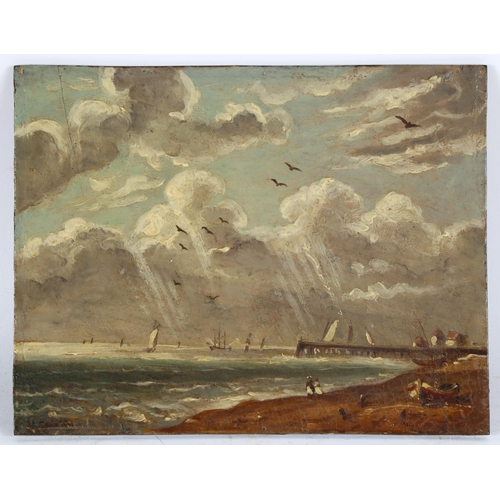 343 - Mid-19th century English School, oil on wood panel, shipping off the coast, indistinctly signed, han... 