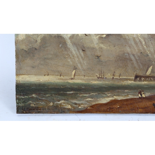 343 - Mid-19th century English School, oil on wood panel, shipping off the coast, indistinctly signed, han... 