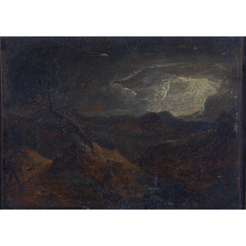 344 - Attributed to Barker of Bath, 19th century oil on board, storm swept landscape, unsigned with Bath l... 