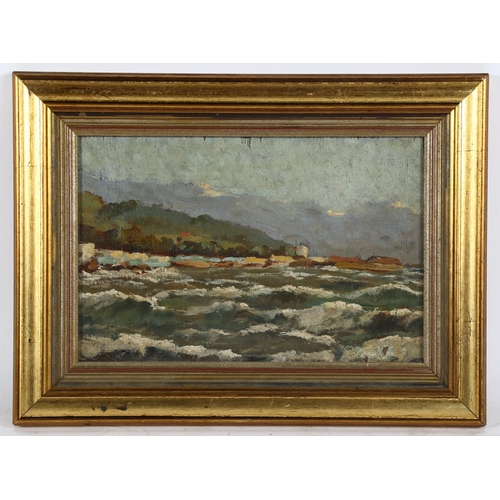 345 - Juliet Colson, mid-20th century oil on panel, coastal view Norway, artist's inscription verso, 20cm ... 