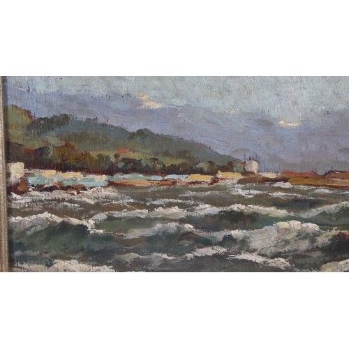 345 - Juliet Colson, mid-20th century oil on panel, coastal view Norway, artist's inscription verso, 20cm ... 