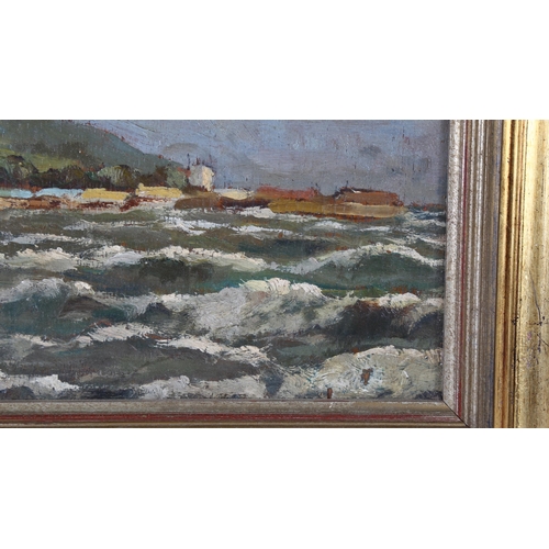 345 - Juliet Colson, mid-20th century oil on panel, coastal view Norway, artist's inscription verso, 20cm ... 