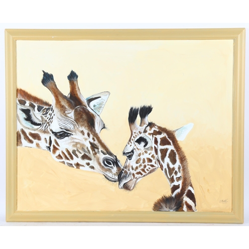 357 - Clive Fredriksson, oil on board, giraffe, 66cm x 84cm, framed