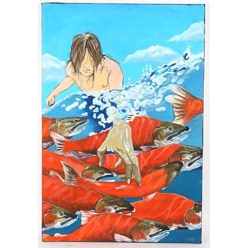 359 - Clive Fredriksson, oil on canvas, salmon fisherman, 113cm x 76cm, unframed