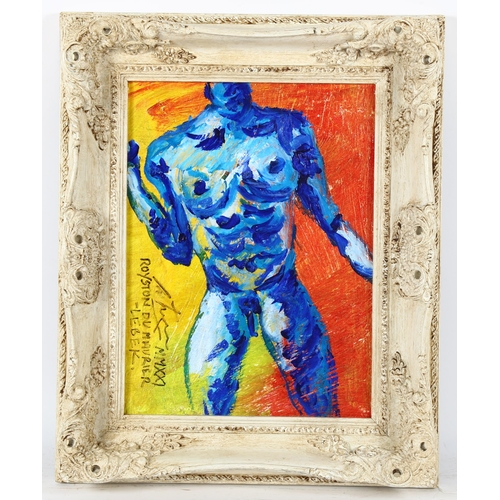 362 - Royston Du Maurier-Lebek, acrylic on canvas, male nude, 40cm x 30cm, framed