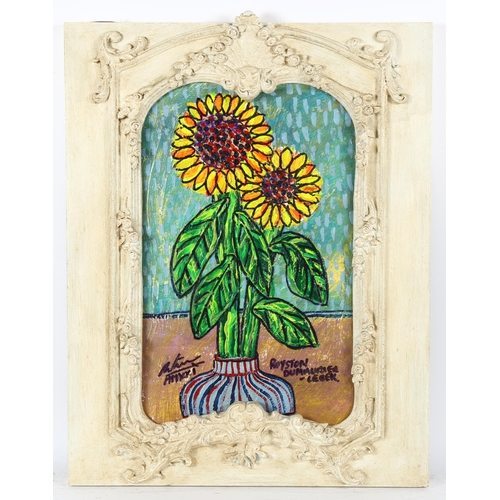 366 - Royston Du Maurier-Lebek, acrylic on canvas, sunflowers, overall framed 77cm x 60cm