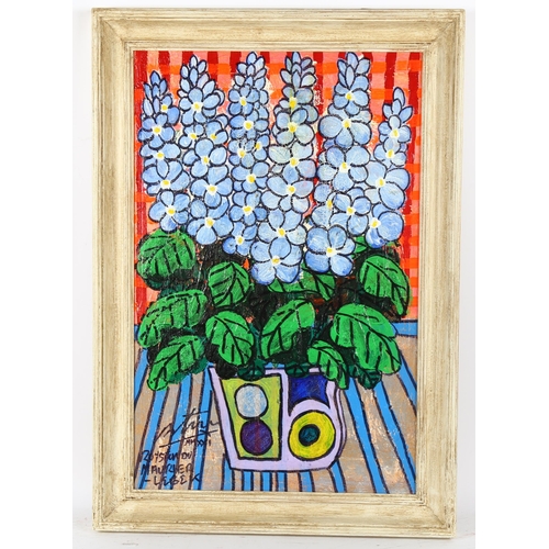 367 - Royston Du Maurier-Lebek, acrylic on canvas, delphiniums, 78cm x 51cm, framed