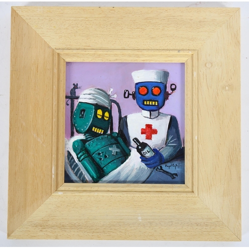 368 - Raymond Campbell, oil on board, Tommy bot in recovery, 11cm x 11cm, framed