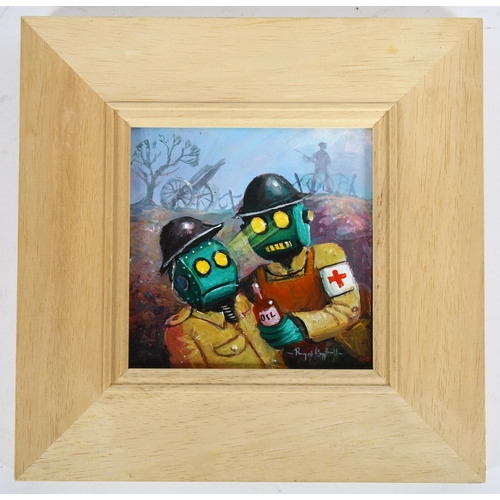 370 - Raymond Campbell, oil on board, Tommy bot shot, 11cm x 11cm, framed