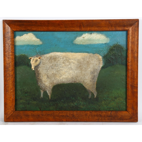 379 - Carol Maddison, oil on board, sheep, 27cm x 37cm, framed