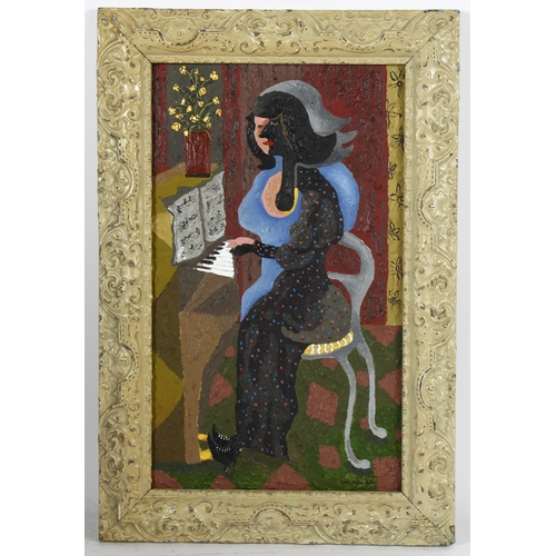 380 - Carol Maddison, oil on board, piano player, 50cm x 30cm, framed