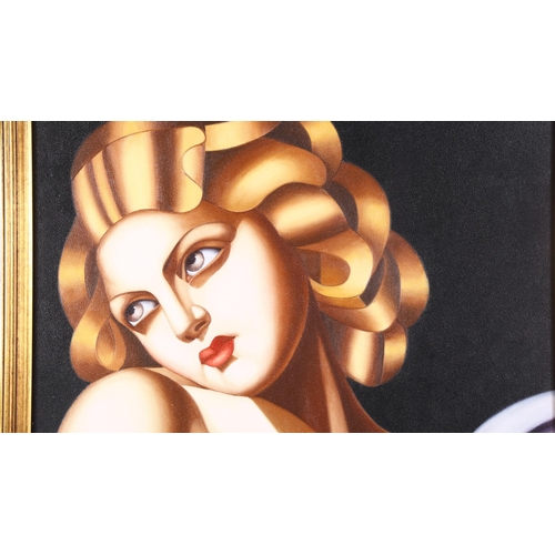 43 - After Tamara De Lempicka, contemporary oil on canvas, portrait, framed, overall frame dimensions 110... 