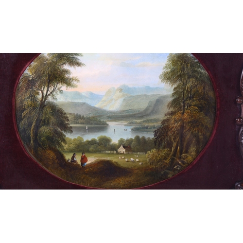 58 - 19th century oval oil on board, extensive landscape, unsigned, in carved and scrolled rosewood frame... 