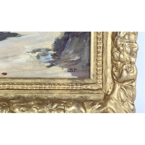 59 - Bertram Priestham (1868 - 1951), oil on wood panel, moored boat, signed with monogram, 33cm x 41cm, ... 