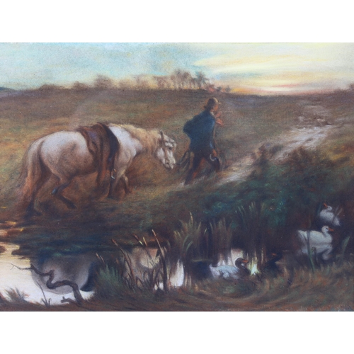 61 - 19th/20th century coloured pastels, farmer leading a horse, indistinctly signed, 35cm x 44cm, framed