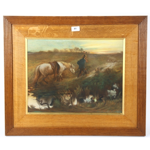 61 - 19th/20th century coloured pastels, farmer leading a horse, indistinctly signed, 35cm x 44cm, framed