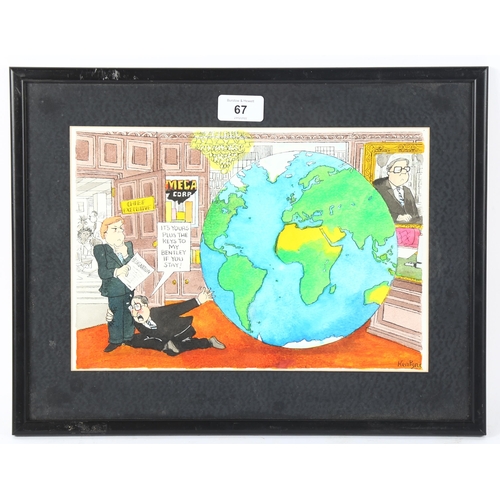 67 - Ken Pyne, original ink/watercolour political cartoon, 20cm x 30cm, framed