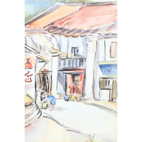 68 - Mid-20th century watercolour, Chinese street scene, indistinctly signed, 31cm x 21cm, framed