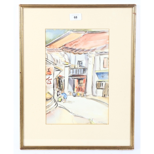 68 - Mid-20th century watercolour, Chinese street scene, indistinctly signed, 31cm x 21cm, framed