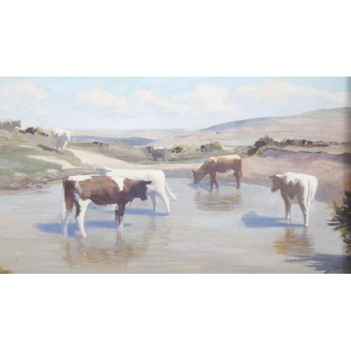 69 - W Matthews, oil on board, cattle in landscape, signed, 30cm x 40cm, framed