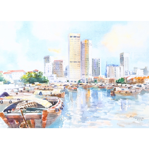 74 - Watercolour, Singapore harbour, indistinctly signed, 27cm x 37cm, framed