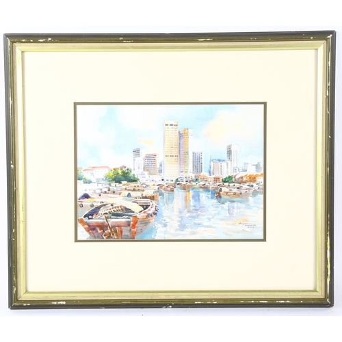 74 - Watercolour, Singapore harbour, indistinctly signed, 27cm x 37cm, framed