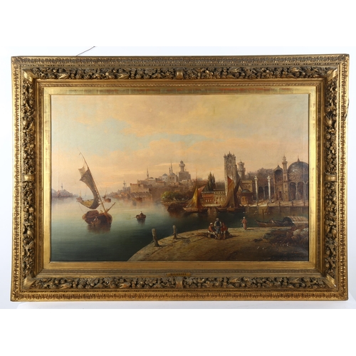 77 - N Caroli, 19th century oil on canvas, Continental harbour scene, signed, 66cm x 103cm, original fram... 