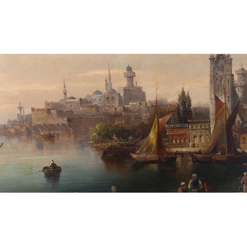 77 - N Caroli, 19th century oil on canvas, Continental harbour scene, signed, 66cm x 103cm, original fram... 