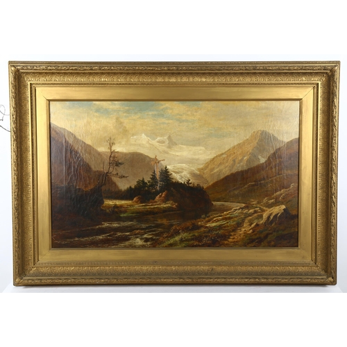 79 - 19th century oil on canvas, mountain river landscape, unsigned, 60cm x 100cm, original frame