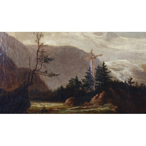 79 - 19th century oil on canvas, mountain river landscape, unsigned, 60cm x 100cm, original frame