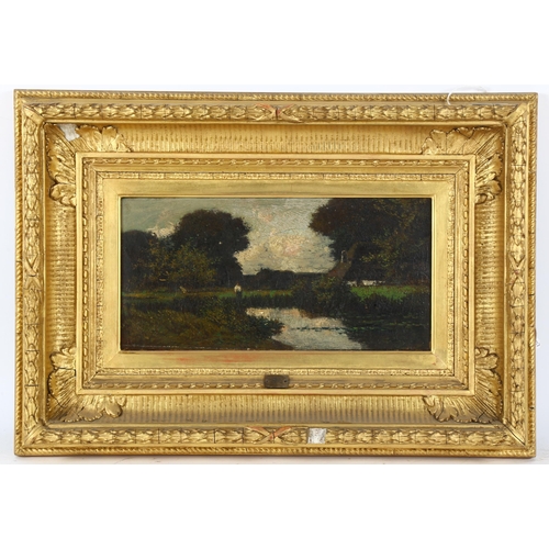 81 - 19th century oil on canvas, figure beside a pond, signed with monogram, 18cm x 35cm, framed