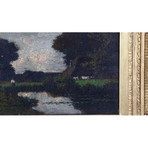 81 - 19th century oil on canvas, figure beside a pond, signed with monogram, 18cm x 35cm, framed