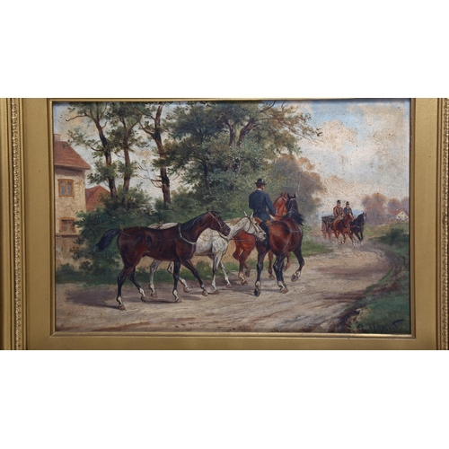 82 - R Ugard, pair of 19th century oils on wood panels, exercising the horses, signed, 26cm x 38cm, origi... 