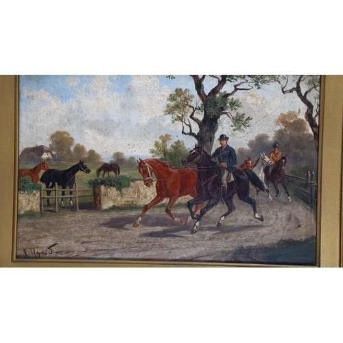 82 - R Ugard, pair of 19th century oils on wood panels, exercising the horses, signed, 26cm x 38cm, origi... 