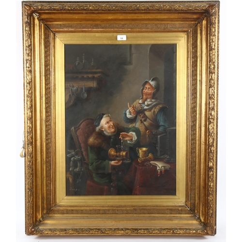 84 - 19th century oil on canvas, genre interior scene, the pawnbroker, indistinctly signed Claude Delany?... 