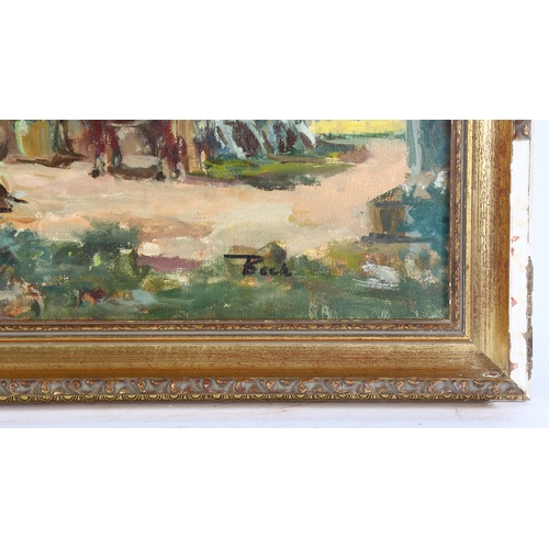 89 - Beck, mid-20th century oil on canvas, horses outside and inn, signed, 38cm x 76cm, framed